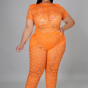 This Women Orange Sexy Turtleneck Short Sleeves High Waist Solid Lace Hollow Out Skinny Plus Size Two Piece design and made of comfortable and elastic fabric. wholesale plus size two piece sets is a must-have item for curvy ladies. Two piece sets can either be worn together or individually