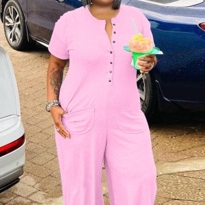 This Women Pink O-Neck Short Sleeves Loose Plus Size Jumpsuit design made of high quality polyster and spandex material. It is stretchy