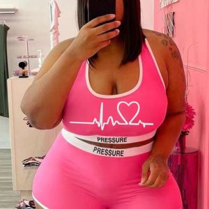 Esta Mujer Rosa Casual U-cuello Chaleco sin mangas de impresión Plus Size Dos piezas de diseño y hecha de tela cómoda y elástica. venta al por mayor más tamaño de dos piezas es un elemento imprescindible para las señoras con curvas. Dos conjuntos de piezas se pueden usar juntos o individualmente