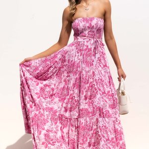 This Women Pink Strapless Sleeveless Belted Maxi Dresses design made of high quality polyster and spandex material