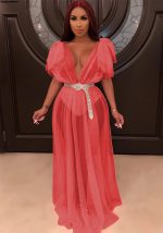 This Women Pink V-neck Short Sleeves Cascading Ruffle Maxi Dresses design made of high quality polyster and spandex material