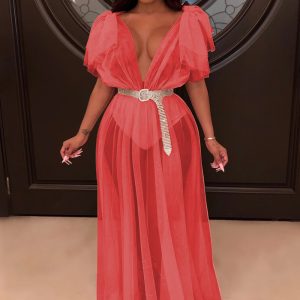 This Women Pink V-neck Short Sleeves Cascading Ruffle Maxi Dresses design made of high quality polyster and spandex material