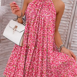 This Women Summer Print Halter Neck Sleeveless Pleated Off Shoulder Elegant Dress Design Made Of High Quality Polyster And Spandex Material. It Is Stretchy