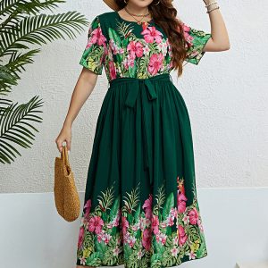 This Women Summer Print Lace-Up Dress Made Of Soft And Elastic Fabric. Global Lover Wholesale Plus Size Dresses And Hope Curvy Ladies Find Here a Warm And Exciting Place To Shop Affordable Curvy Dresses Online - Plus Size Casual