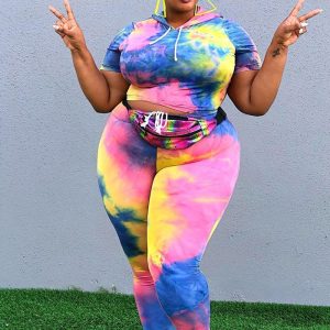 This Women Printed Casual Hooded Short Sleeves High Waist Tie Dye Skinny Plus Size Two Piece design and made of comfortable and elastic fabric. wholesale plus size two piece sets is a must-have item for curvy ladies. Two piece sets can either be worn together or individually