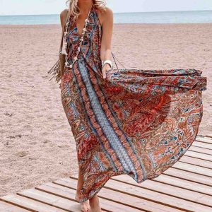 This Women Summer Printed Halter v-Neck Bohemian Long Dress Design Made Of High Quality Polyster And Spandex Material. Print Dresses Is More Interesting And Stylish. Print Maxi Dresses Is One Of The Popular Item For Islander Vocations. Women¡¯s Print Dresses At Global Lover Comes With Forever Floral