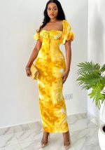 This Women Summer Printed Puff Sleeve Square Neck Maxi Slit Dress Design Made Of High Quality Polyster And Spandex Material. It Come With Good Stretch And Wearing Comfortable. Women¡¯s Midi Dresses Is Omnipotent And Suit For All Kinds Of Occasions - Daily Wear