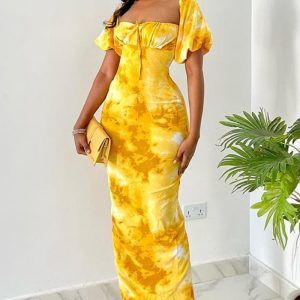 This Women Summer Printed Puff Sleeve Square Neck Maxi Slit Dress Design Made Of High Quality Polyster And Spandex Material. It Come With Good Stretch And Wearing Comfortable. Women¡¯s Midi Dresses Is Omnipotent And Suit For All Kinds Of Occasions - Daily Wear