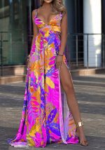 This Women Printed V-neck Sleeveless Ripped Maxi Dresses design made of high quality polyster and spandex material