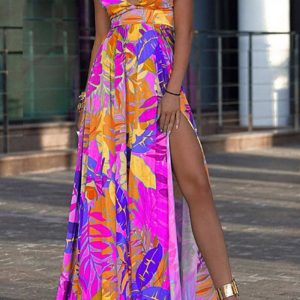 This Women Printed V-neck Sleeveless Ripped Maxi Dresses design made of high quality polyster and spandex material