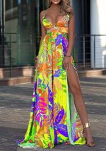 This Women Printed V-neck Sleeveless Ripped Maxi Dresses design made of high quality polyster and spandex material