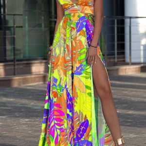 This Women Printed V-neck Sleeveless Ripped Maxi Dresses design made of high quality polyster and spandex material