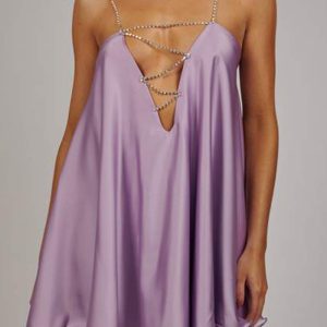 This Women Purple Metal Straps Sleeveless Satin Mini Club Dresses design made of high quality polyster and spandex material