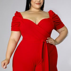 This Women Red Square Collar Short Sleeves Regular Plus Size Jumpsuit design made of high quality polyster and spandex material. It is stretchy