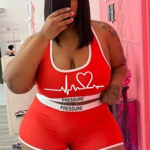 Diese Frauen rot lässig U-Ausschnitt ärmellose Druck Weste Plus Size zweiteilige Design und aus bequemen und elastischen Stoff. Großhandel plus Größe zweiteilige Sets ist ein Must-Have-Element für kurvige Damen. Zweiteilige Sets können entweder zusammen oder einzeln getragen werden