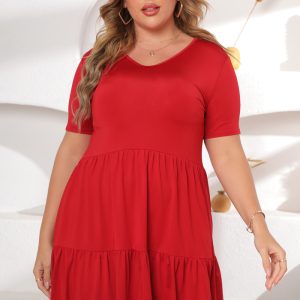 This Women Red Casual V-neck Short Sleeves Solid Mini Loose Plus Size Dresses made of soft and elastic fabric. Global Lover wholesale plus size dresses and hope curvy ladies find here a warm and exciting place to shop affordable curvy dresses online - plus size casual