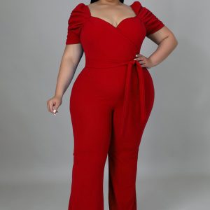 This Women Red Sweetheart Neck Short Sleeves Regular Plus Size Jumpsuit design made of high quality polyster and spandex material. It is stretchy