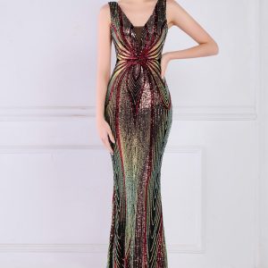 This Women Red V-neck Sleeveless Patchwork Sequined Mermaid Evening Dresses design made of good quality polyster and spandex material