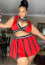 This Women Red Preppy Style Turtleneck Sleeveless High Waist Striped Print Hollow Out Regular Plus Size Two Piece design and made of comfortable and elastic fabric. wholesale plus size two piece sets is a must-have item for curvy ladies. Two piece sets can either be worn together or individually