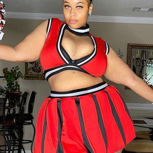 This Women Red Preppy Style Turtleneck Sleeveless High Waist Striped Print Hollow Out Regular Plus Size Two Piece design and made of comfortable and elastic fabric. wholesale plus size two piece sets is a must-have item for curvy ladies. Two piece sets can either be worn together or individually