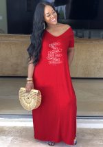 This Women Red V-neck Short Sleeves Maxi Dresses design made of high quality polyster and spandex material