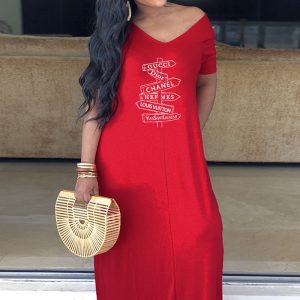 This Women Red V-neck Short Sleeves Maxi Dresses design made of high quality polyster and spandex material