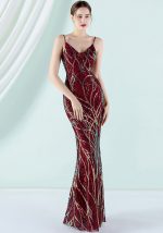 This Women Red Strap Sleeveless Striped Print Sequined Evening Dresses design made of good quality polyster and spandex material