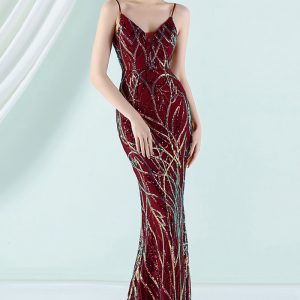 This Women Red Strap Sleeveless Striped Print Sequined Evening Dresses design made of good quality polyster and spandex material