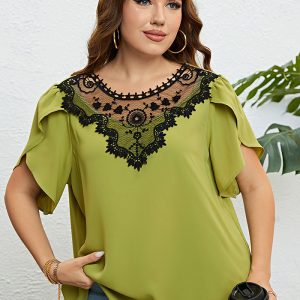 This Women Summer Round Neck Lace Top Made Of Comfortable And Elastic Fabric. It Is Wholesale Sexy Plus Size Tops For Women. With The Gradual Rise Of Feminist Awareness