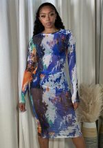 This Women Summer Round Neck Long Sleeve Mesh Print Sexy See-Through Maxi Dress Design Made Of High Quality Polyster And Spandex Material. It Is Stretchy