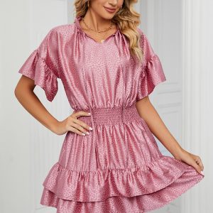 This Women Summer Satin Solid Loose v Neck Ruffle Dress Design Made Of High Quality Polyster And Spandex Material. It Is Stretchy