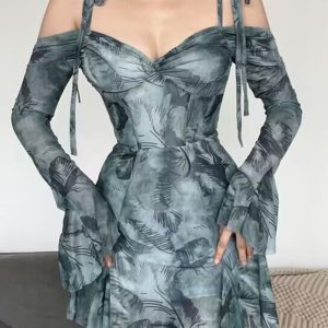 This Women Summer Sexy Off Shoulder Bell Bottom Sleeve Print Strap Dress Design Made Of High Quality Polyster And Spandex Material. It Is Stretchy