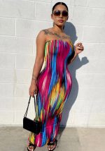 This Women Summer Sexy Off Shoulder Strapless Striped Printed Slit Dress Design Made Of High Quality Polyster And Spandex Material