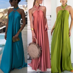 This Women Summer Sexy Satin Halter Neck Slip Gown Party Maxi Dress Design Made Of High Quality Polyster And Spandex Material