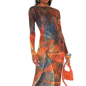 Diese Frauen Sommer Sexy See-Through gedruckt lange Ärmel rückenfreies Mesh-Kleid Design aus hochwertigem Polyster und Spandex Material. Es ist dehnbar