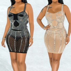 This Women Summer Sexy Sling Mesh Beaded Dress Design Made Of High Quality Polyster And Spandex Material