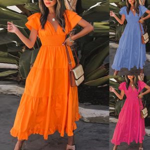 This Women Summer Short Sleeve Swing Maxi Dress Design Made Of High Quality Polyster And Spandex Material. It Come With Good Stretch And Wearing Comfortable. Women¡¯s Midi Dresses Is Omnipotent And Suit For All Kinds Of Occasions - Daily Wear