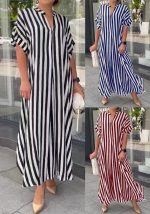 This Women Summer Side Slit Stripe Loose Casual Short Sleeve Dress Design Made Of High Quality Polyster And Spandex Material. It Is Stretchy