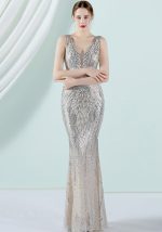 This Women Silver V-neck Sleeveless Patchwork Sequined Mermaid Evening Dresses design made of good quality polyster and spandex material