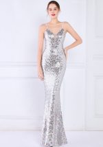 This Women Silver Strap Sleeveless Sequined Mermaid Dresses