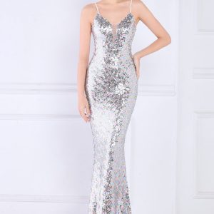 This Women Silver Strap Sleeveless Sequined Mermaid Dresses