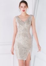 This Women Silver V-neck Sleeveless Mini Dresses