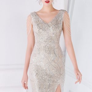 This Women Silver V-neck Sleeveless Mini Dresses