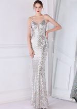 This Women Silver Strap Sleeveless Solid Sequined Mermaid Dresses