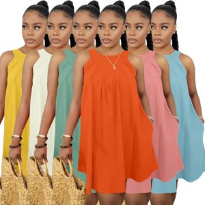 This Women Summer Solid Color Sleeveless Loose Dress With Pockets Design Made Of High Quality Polyster And Spandex Material. It Is Stretchy