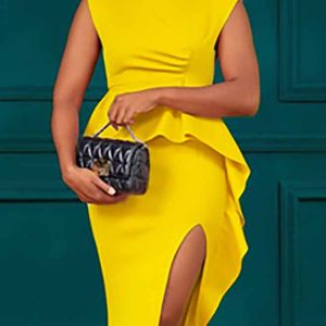 This Women Summer Solid Pleated Ruffle Slit Bodycon Dress Design Made Of High End Polyster And Spandex Material