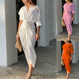 This Women Summer Solid Sexy Pleated Shirt Dress Design Made Of High Quality Polyster And Spandex Material. It Is Stretchy