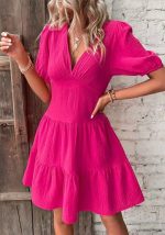 This Women Summer Solid Skirt v-Neck Half-Sleeve Dress Women Design Made Of High Quality Polyster And Spandex Material. It Is Stretchy