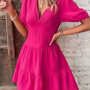 This Women Summer Solid Skirt v-Neck Half-Sleeve Dress Women Design Made Of High Quality Polyster And Spandex Material. It Is Stretchy