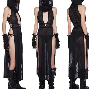 This Women Summer Solid Sleeveless See-Through Sexy Hollow Backless Slit Maxi Dress Design Made Of High Quality Polyster And Spandex Material